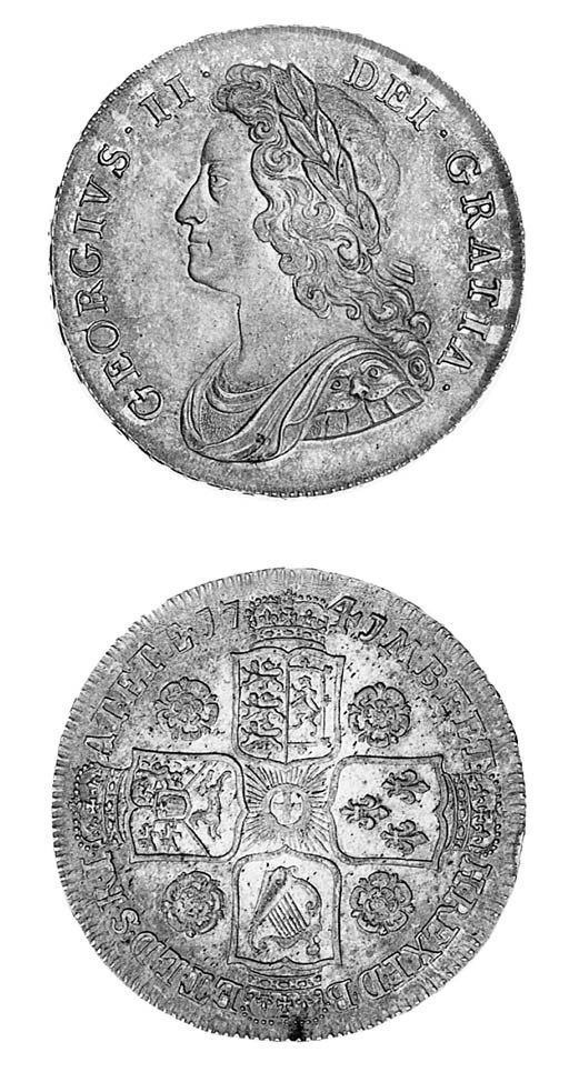 George II, Halfcrown, 1741, 41 over 39, similar to preceding coin, edge, inscribed and dated DECIMO QVARTO (ESC 601A; S.3693), spot on obverse rim, attractive grey tone, good very fine and rare