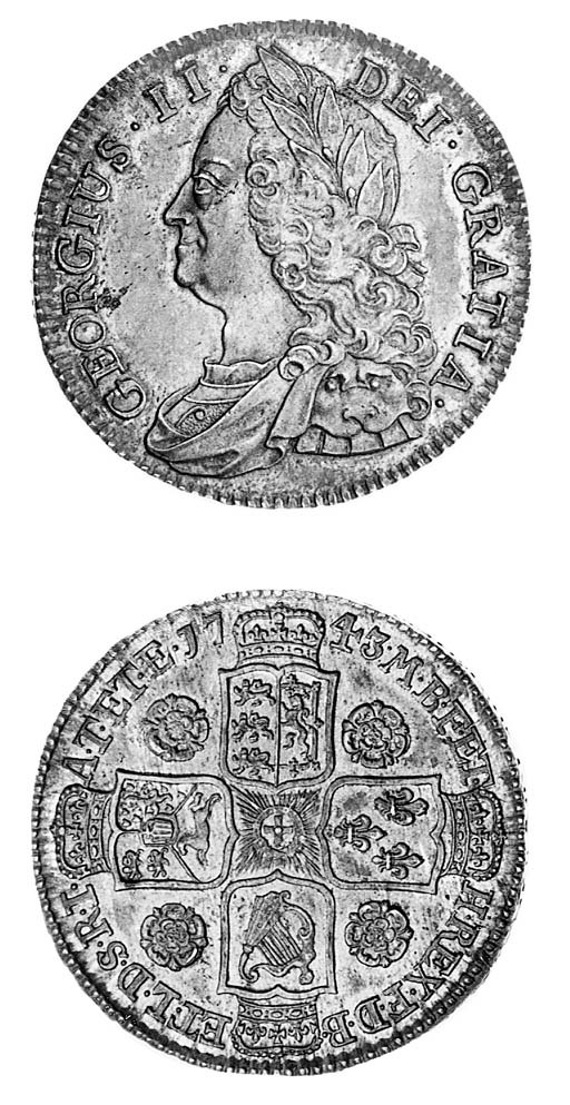 George II, Halfcrown, 1743, old laureate and draped bust facing left, U for V in obverse legend, rev. similar to preceding coin, edge, inscribed and dated DECIMO SEPTIMO (ESC 603A R2; S.3694), very attractively toned, good extremely fine and very pleasing