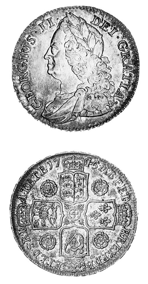 George II, Halfcrown, 1745, 5 over 3, similar to preceding coin, edge, inscribed and dated DECIMO NONO (ESC 604A R2; S.3694), toned, extremely fine and rare