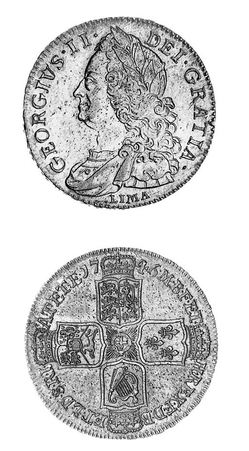 George II, Halfcrown, 1746 LIMA, similar to preceding coin, LIMA below bust, rev. with angles plain (ESC 606; S.3695A), some very light flecking, very attractively toned, good extremely fine and very pleasing
