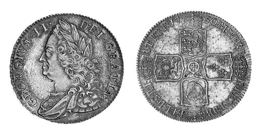 George II, Halfcrown, 1750, similar to preceding coin, plain below bust, edge, inscribed and dated VICESIMO QVARTO (ESC 609; S.3696), attractive grey tone, extremely fine