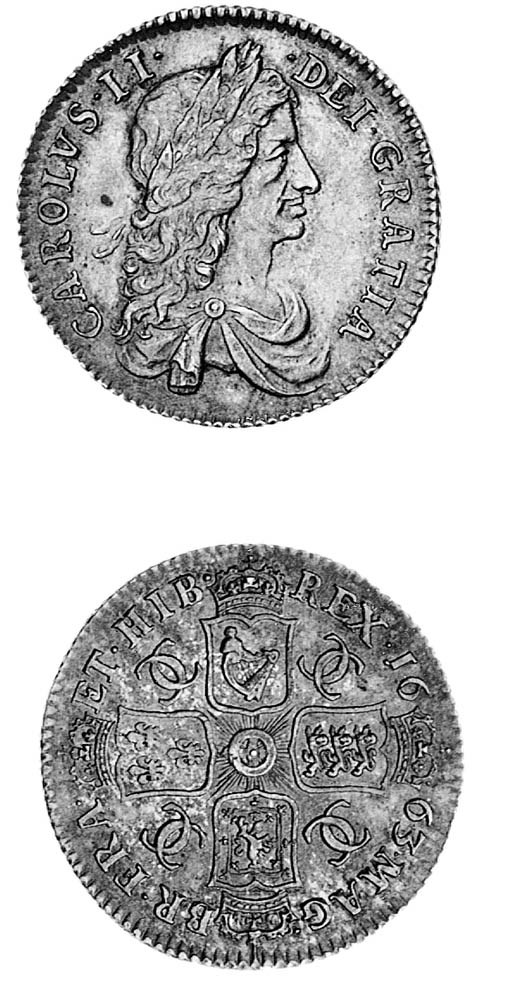 Charles II, Shilling, 1663, first laureate and draped bust facing right, rev. crowned cruciform shields, interlinked C's in angles, garter star at centre, edge, milled (ESC 1022; S.3371), attractively toned, extremely fine