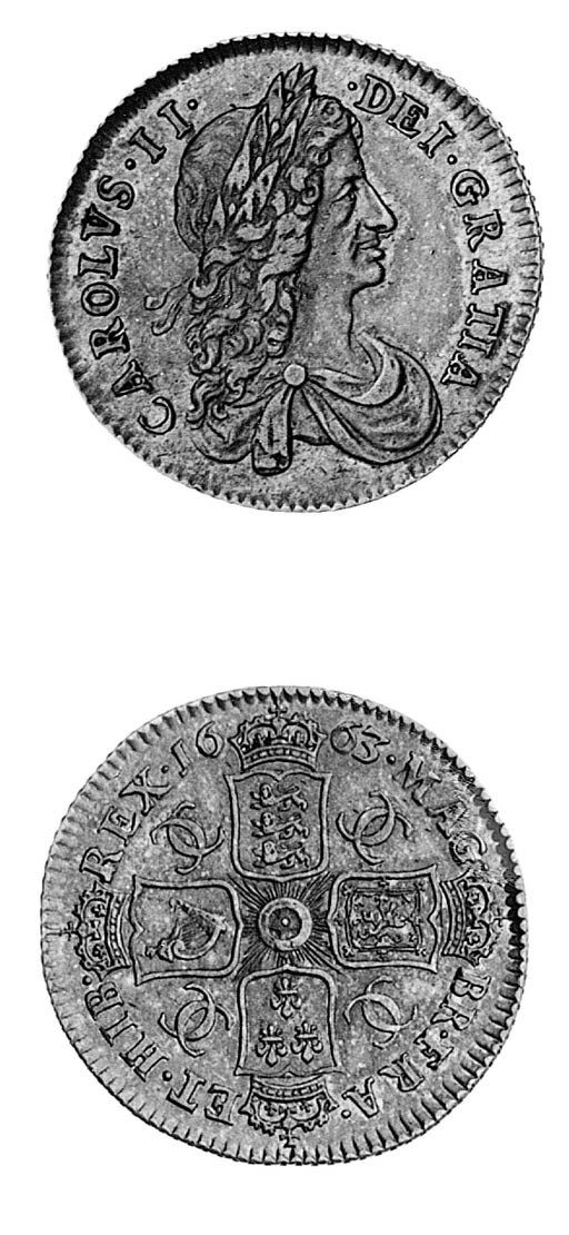 Charles II, Shilling, 1663, first bust variety, rev. similar to preceding coin, die axis slightly off-set (ESC 1025; S.3372), attractively toned, good very fine