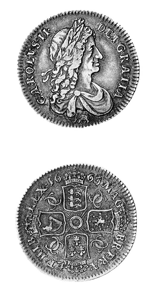 Charles II, Shilling, 1666, elephant below, first bust variety, rev. similar to preceding coin (ESC 1026 R2; S.3373), toned, very fine and very rare