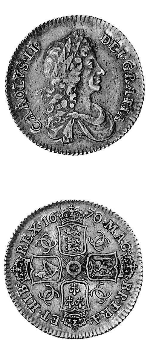 Charles II, Shilling, 1670, similar to preceding coin (ESC 1033 R2; S.3375), toned very fine and very rare