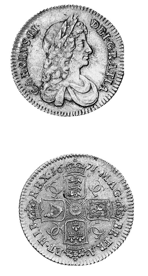 Charles II, Shilling, 1671, similar to preceding coin (ESC 1034 R3; S.3375), toned, nearly extremely fine and extremely rare