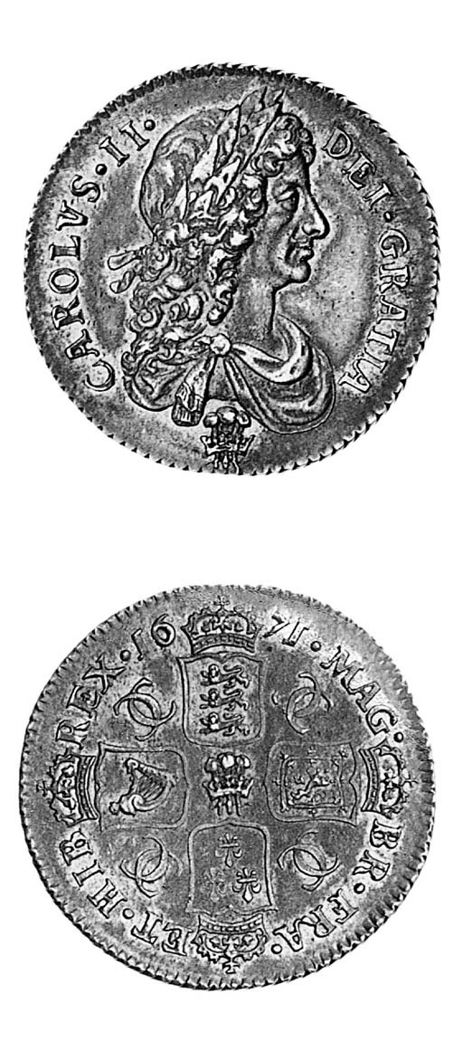 Charles II, Shilling, 1671, with plume below bust and in centre of reverse, otherwise similar to preceding coin (ESC 1035 R2; S.3376), very attractively toned, good extremely fine, and possibly the finest known, extremely rare