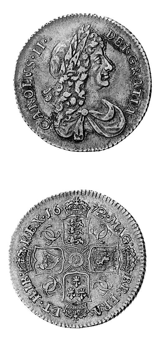 Charles II, Shilling, 1672, similar to preceding coin, plain below bust, rev. with garter star at centre (ESC 1036; S.3375), toned, very fine