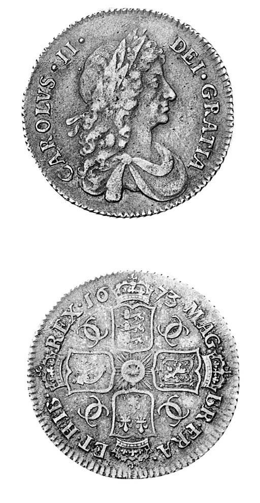 Charles II, Shilling, 1673, similar to preceding coin (ESC 1037 R2; S.3375), toned, nearly very fine and very rare
