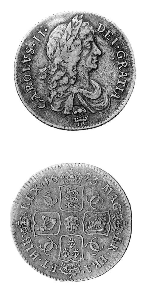 Charles II, Shilling, 1673, with plume below bust and in centre of reverse, otherwise similar to preceding coin (ESC 1038 R3; S.3376), toned, nearly very fine and very rare