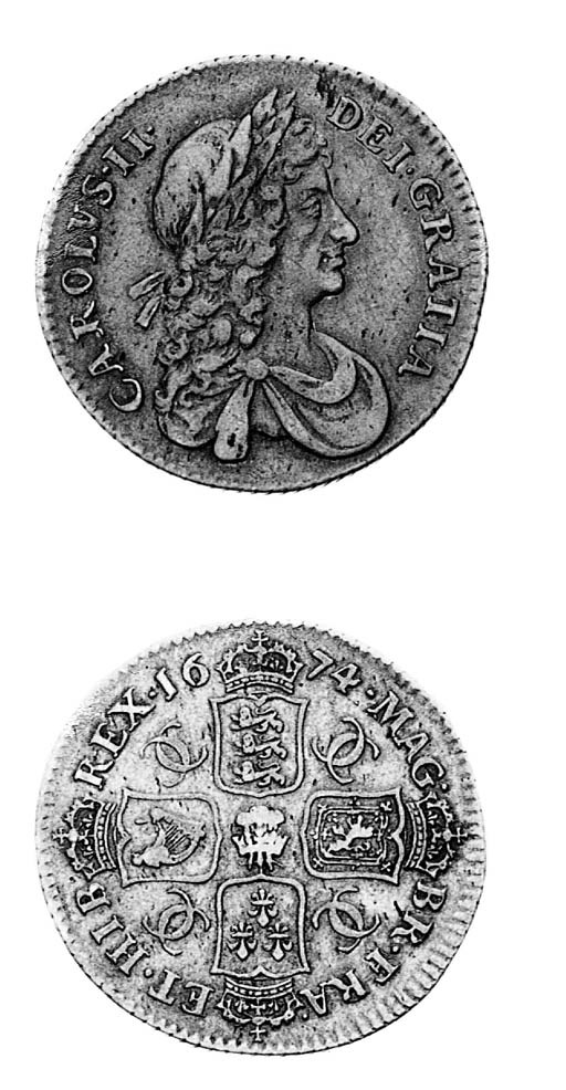 Charles II, Shilling, 1674, similar to preceding coin, plain below bust, rev. with plume at centre, probably a mule (ESC 1041 R4; S.3377), toned, pleasing very fine and extremely rare