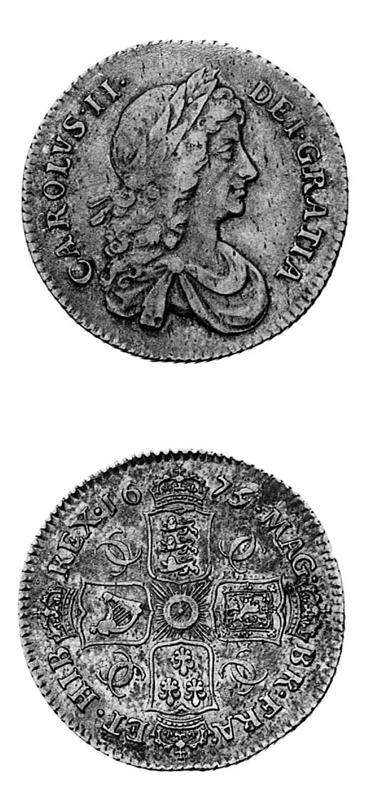 Charles II, Shilling, 1675, 5 over 4, similar to preceding coin, rev. with garter star at centre (ESC 1045 R4; S.3375), toned, nearly very fine, reverse better and extremely rare