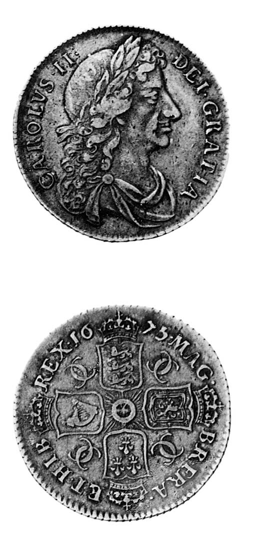 Charles II, Shilling, 1675, 5 over 3, third laureate and draped bust facing right, rev. similar to preceding coin, with garter star at centre (ESC 1043A R3; S.3380), pleasing very fine and very rare