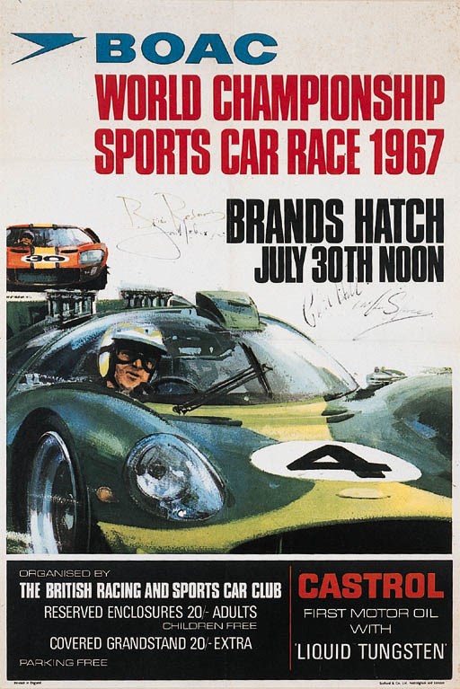 BOAC World Sports Car Championship 1967; An original colour lithograph poster for the event; signed autographed by the winning drivers and runners-up, Phil Hill & Mike Spence (Chaparral) and Brian Redman & Jacky Ickx (Ferrari);  mounted, framed and glazed; 30x20ins (76x51cm)