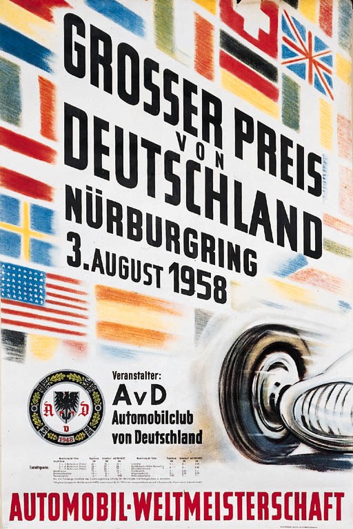 German Grand Prix - Nürburgring 1958;  An original poster for the event; colour lithograph design; unframed. 34x22ins (86x56cm)