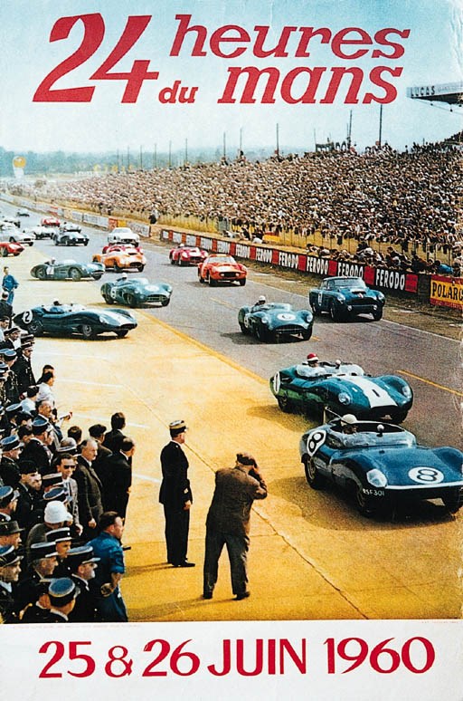 Le Mans 1960 - A scarce original poster for the event, depicting the start of the 1959 race, featuring Jaguar, Lister Jaguar, Aston Martin, Ferrari etc; full-colour photographic image; glazed & framed.