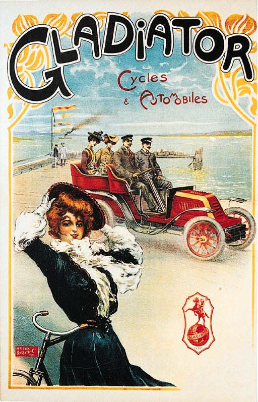 Gladiator - Automobiles & Cycles; An original advertising poster depicting a four-seat tourer with bicycle to foreground; full colour lithograph; linen backed; French c1905; unframed.  23x15ins (57x37cm)