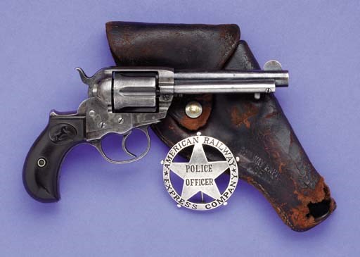 A .38 COLT MODEL 1877 LIGHTNING REVOLVER, SERIAL NO. 153019 WITH RAILWAY EXPRESS AGENCY HOLSTER AND AMERICAN RAILWAY EXPRESS COMPANY POLICE OFFICER BADGE