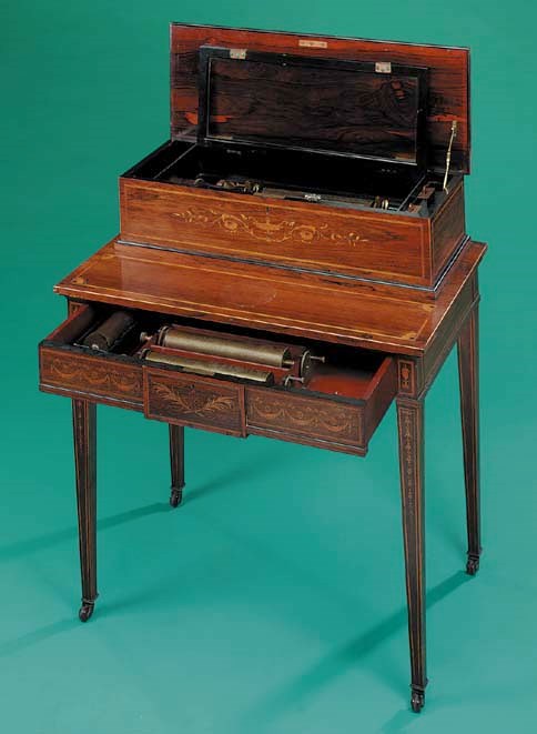 An interchangeable cylinder musical box on table