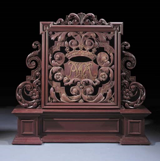 A Dutch colonial carved oak, red-painted and parcel-gilt supra-porte