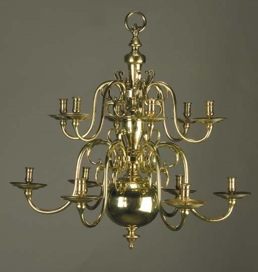 A Dutch brass two-tier twelve-light chandelier