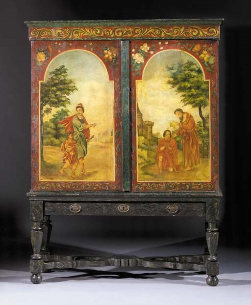 A Dutch polychrome-decorated cabinet-on-stand