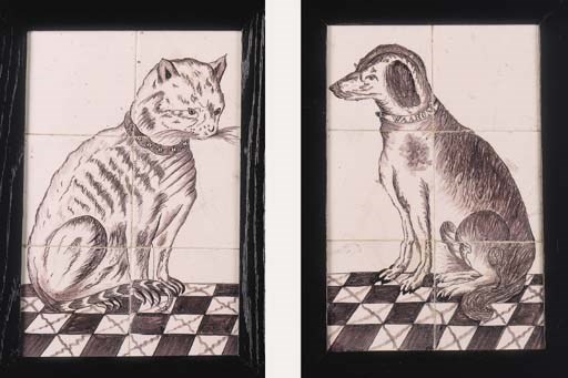 A pair of Dutch manganese red dog and cat tile pictures