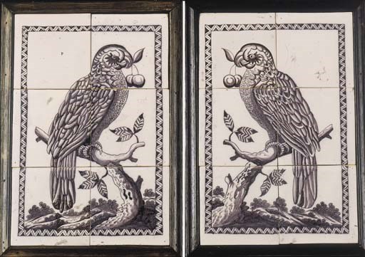 A pair of Dutch manganese red parrot tile pictures