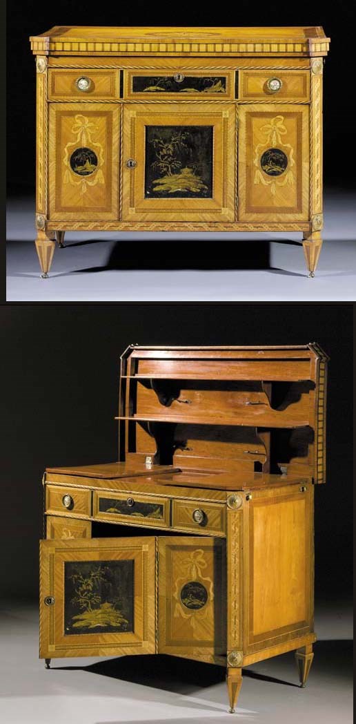A Dutch satinwood, amaranth, mahogany, marquetry, black lacquer and gilt-japanned 'klapbuffet'