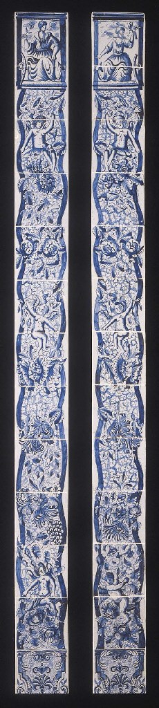 A pair of Makkum Frisian floral blue and white tile pillars