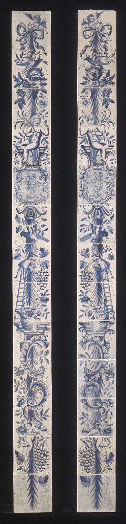 A pair of Makkum Frisian floral blue and white tile pillars