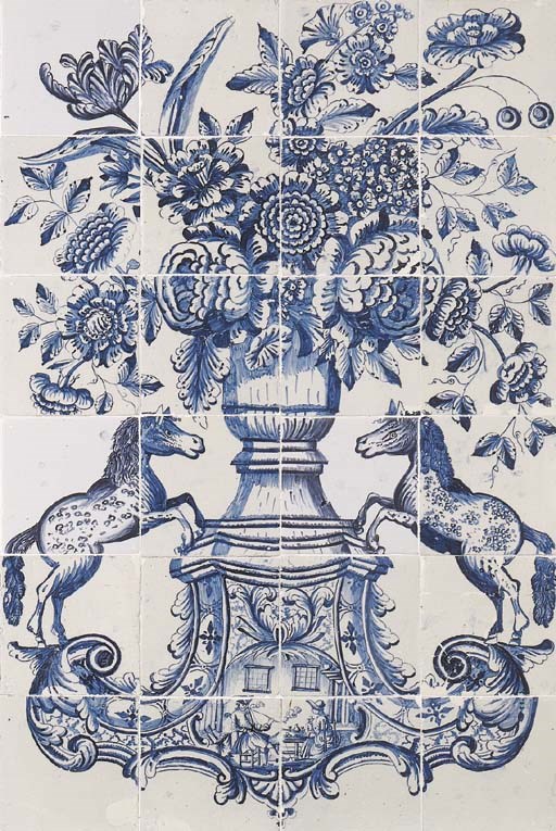 A Makkum Frisian floral blue and white tile picture