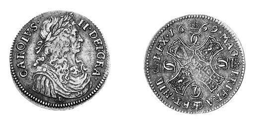 rev. cruciform shields, interlinked C's in angles (S.5611; St.p.158), weak in centre of reverse, very fine; second coinage, Quarter-Dollar, 1678, laureate bust left, F to left, rev. crowned cruciform shields, thistles in angles (S.5620; St.p.158), fair, scarce date 	 (2)
