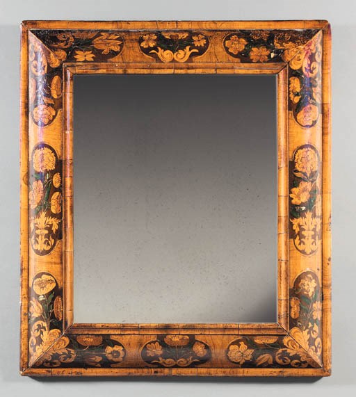 A WILLIAM AND MARY WALNUT AND MARQUETRY MIRROR