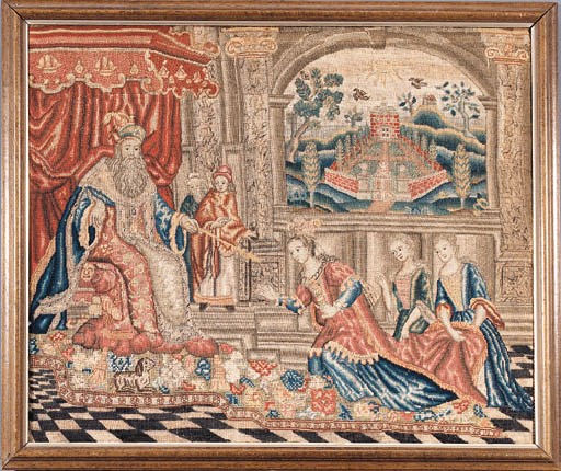 A QUEEN ANNE GROS AND PETIT-POINT SILK-EMBROIDERED PICTURE
