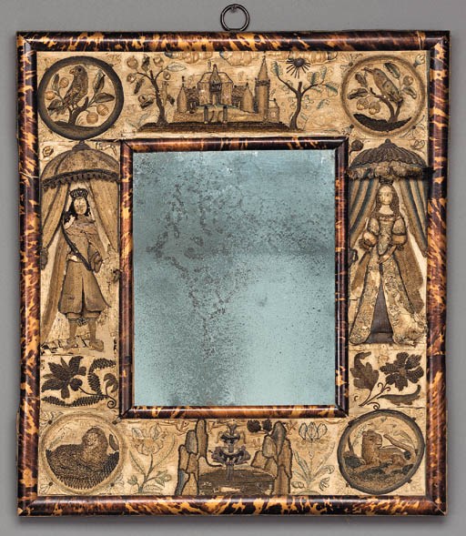 A CHARLES II STUMPWORK, BEADWORK, SILK-EMBROIDERED AND TORTOISESHELL DRESSING-MIRROR**