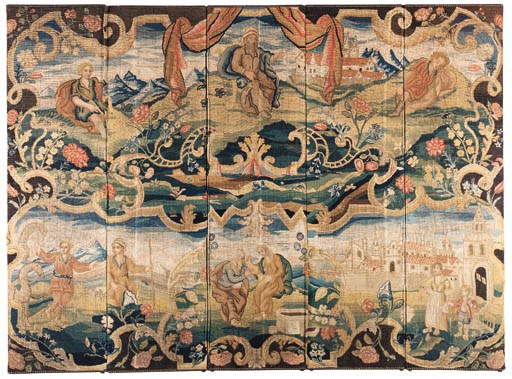 A NORTH EUROPEAN ROCOCO BIBLICAL NEEDLEWORK PANEL, NOW MOUNTED AS A FIVE-PANEL SCREEN
