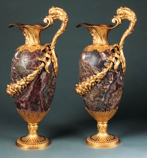A pair of English ormolu-mounted fluorite ewers