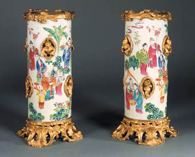 A pair of Napoleon III ormolu-mounted Chinese Canton Famille Rose porcelain vases