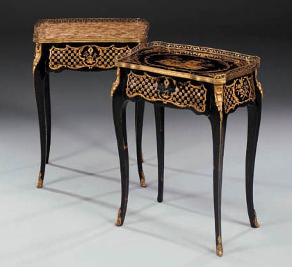 A pair of French ormolu-mounted Japanned side tables
