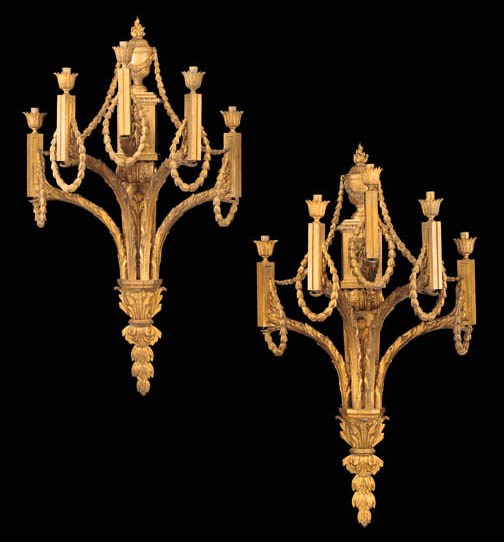 A pair of gilt-bronze five-light wall appliques