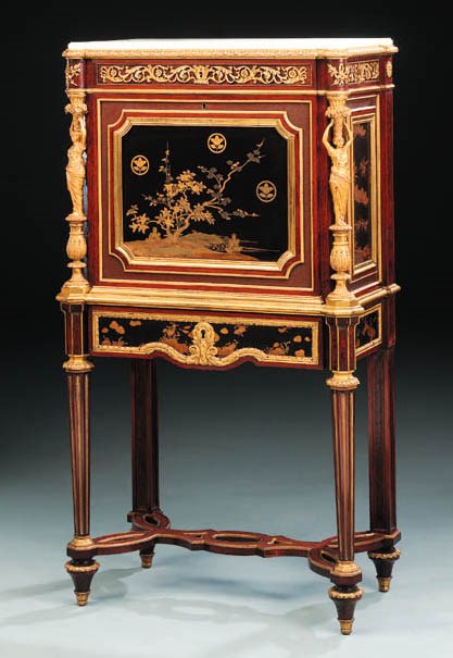A Napoleon III ormolu-mounted Japanese lacquer, mother-of-pearl, ebony, emboyna and mahogany secrétaire à abattant
