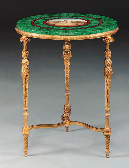 A gilt-bronze, malachite, Antico Rosso marble and micro-mosaic gueridon