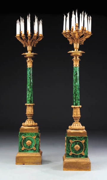 A pair of Neo-Classical malachite, gilt- and patinated-bronze sixteen-light candelabra
