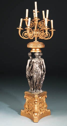 A French gilt-bronze and silvered-metal thirteen-light candelabra