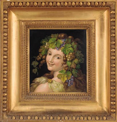 A framed Roman micro-mosaic panel of a Bacchante