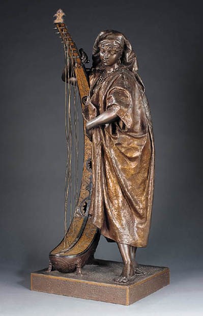 A French polychrome-decorated spelter figure entitled 'Jeune Harpiste orientale'