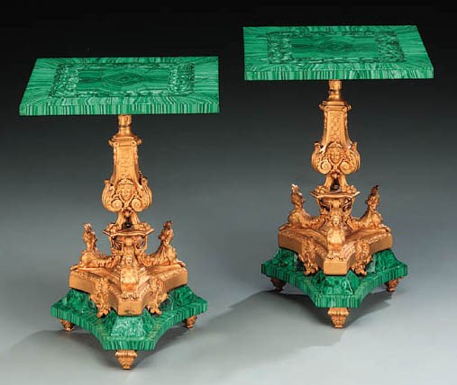 A pair of small gilt-bronze and malachite low tables