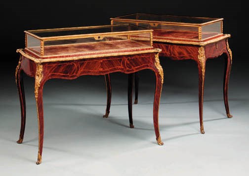 A pair of English ormolu-mouted kingwood and marquetry vitrine tables