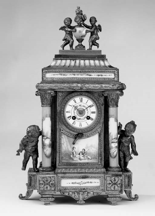A French gilt-spelter and porcelain-mounted striking mantel clock and garniture, late 19th century